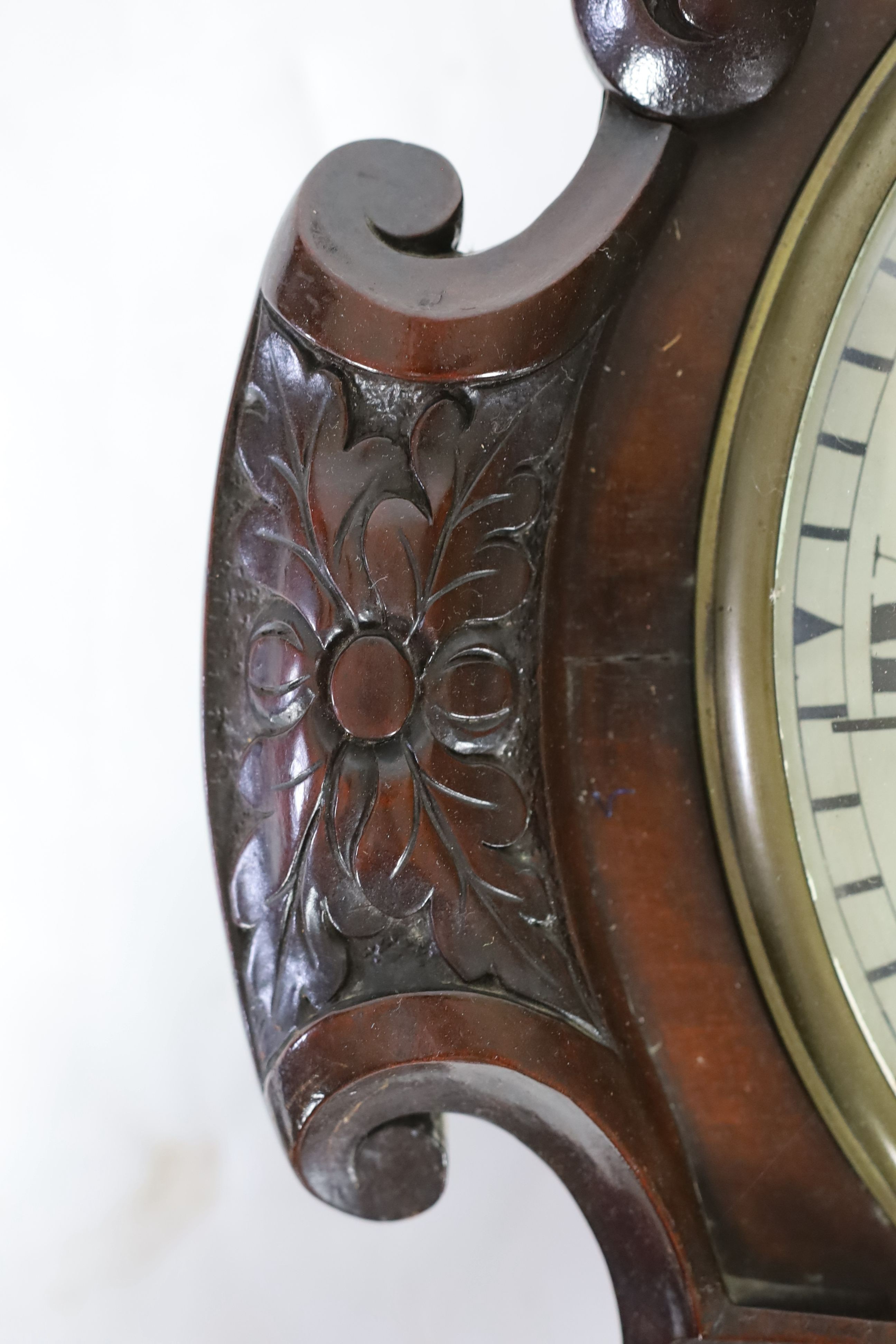 Charles Frodsham, 27 South Molton Street, London. A Victorian carved mahogany drop dial wall timepiece, width 48cm, height 76cm